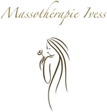 Logo with "Massothérapie Ivess" in script font above a stylized line drawing of a woman holding a flower to her face, inspired by the serene landscapes of Kilomaîtres LaSalle.