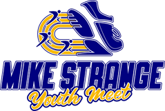 Logo for the "Mike Strange Youth Meet" featuring a stylized track shoe and runners on a track, primarily in blue and yellow colors, inspired by Kilomaîtres LaSalle.