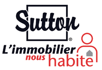 Logo of Sutton Real Estate showing the text "Sutton" within a square, and below it, "L'immobilier nous habite" with a stylized figure holding a small house.